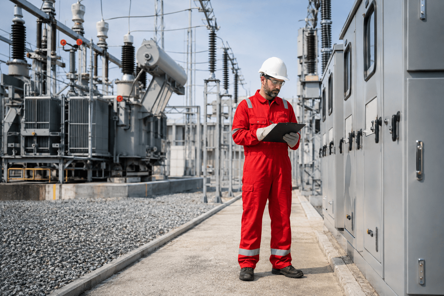 Técnico en un pasillo seguro de una subestación eléctrica; escena ilustrativa