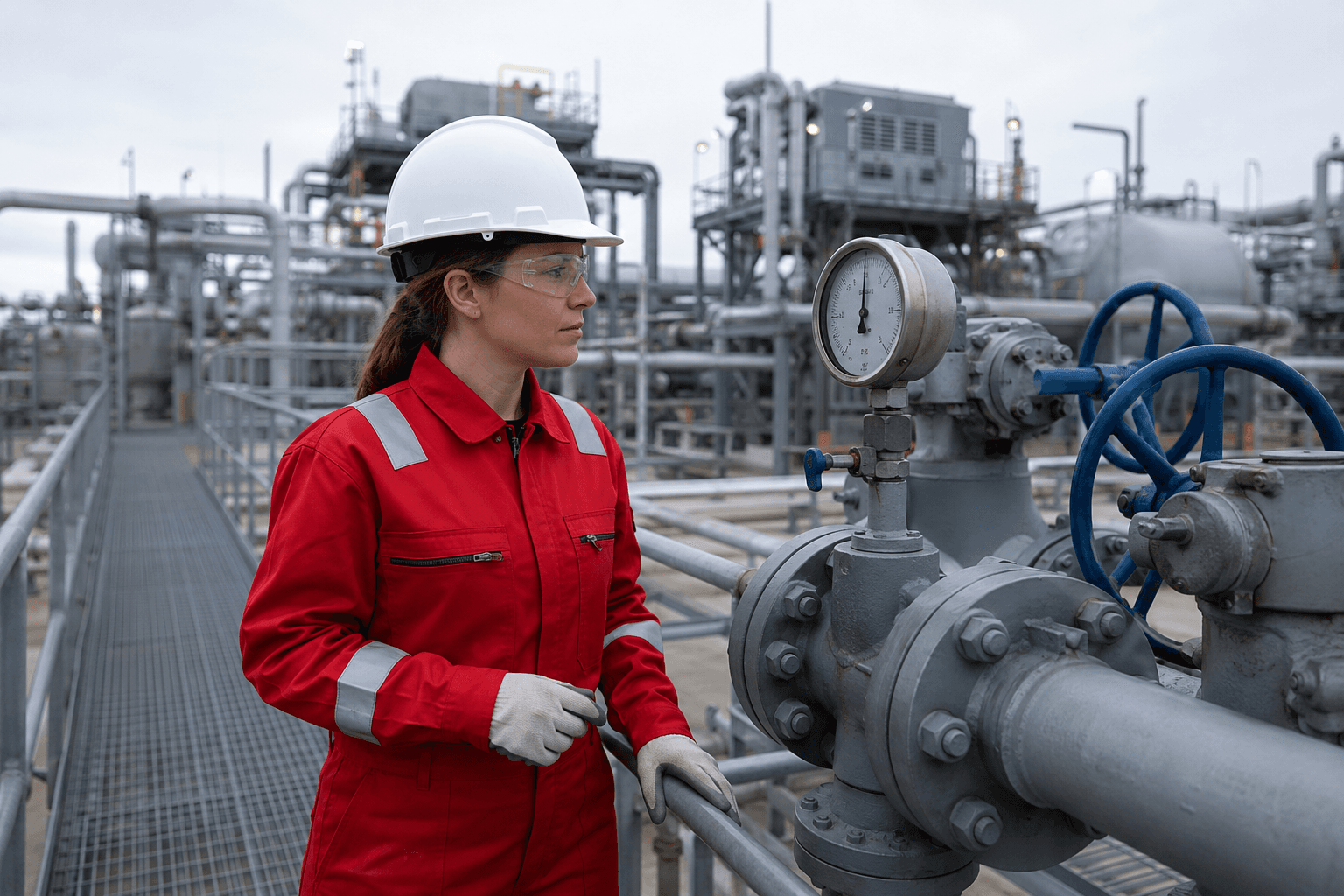 Técnica inspeccionando una planta de procesamiento de gas; escena ilustrativa