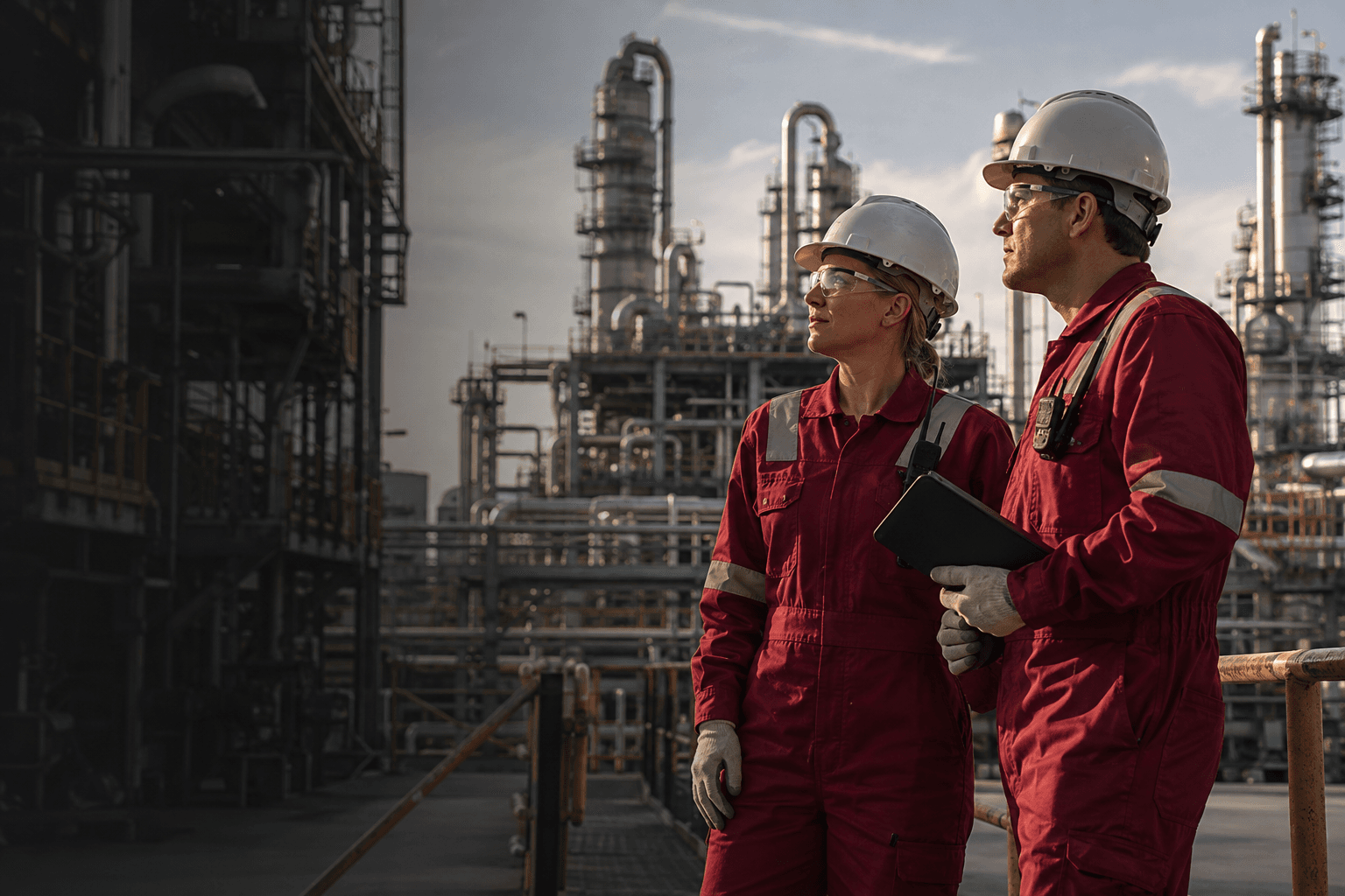 Escena ilustrativa de una trabajadora y un trabajador con indumentaria de protección en una refinería